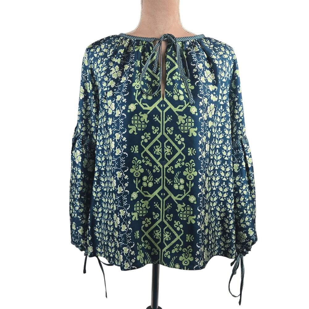 D'Ascoli Toscana Silk Top Navy Mint Print Size Medium